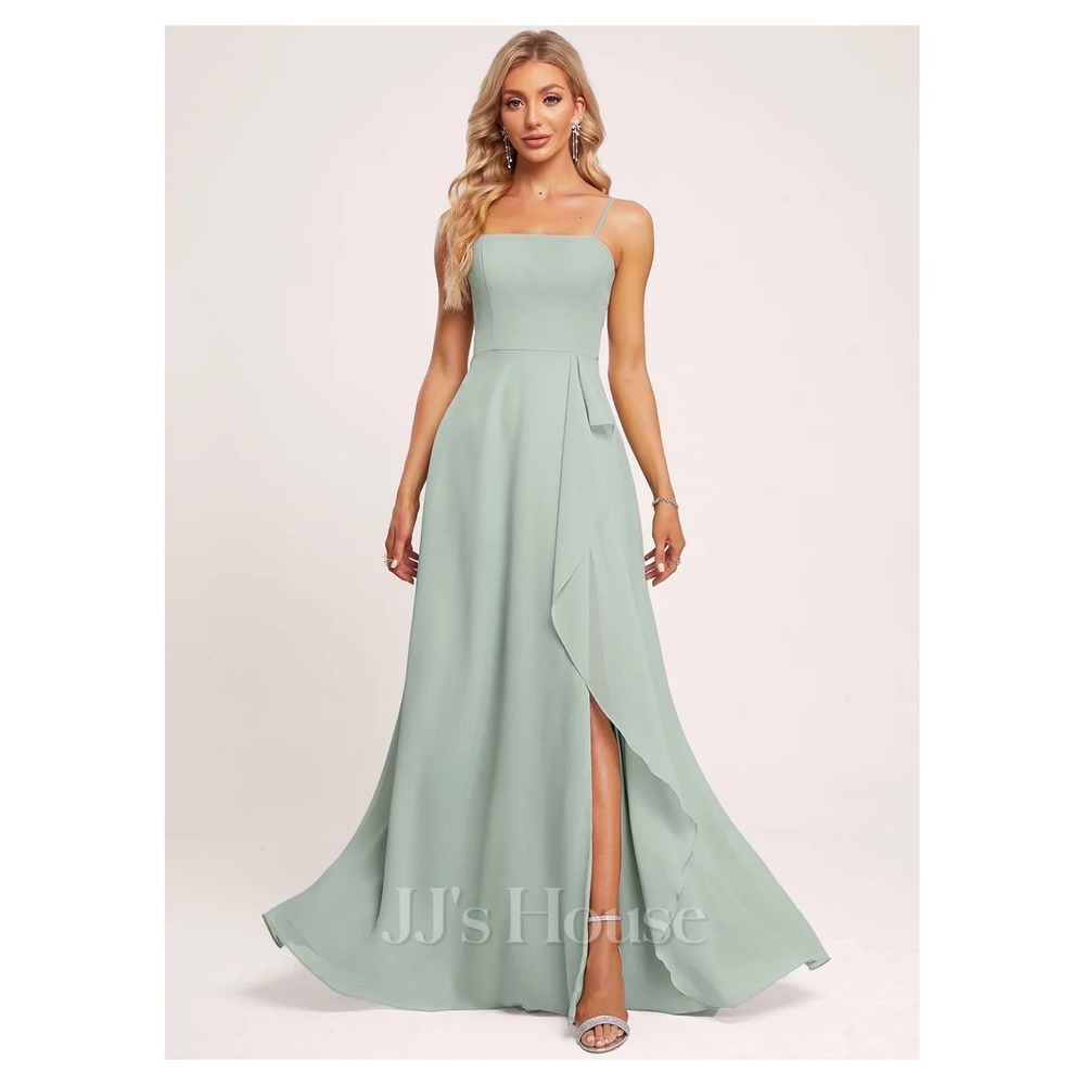 JJ's‎ House Formal Dress 16W Light Green Chiffon Ruffle Square Neck Bridesmaid